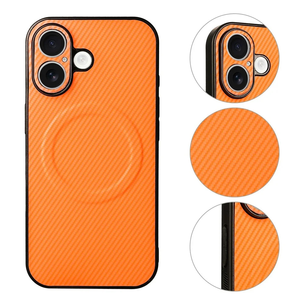 For iPhone 16 Case Carbon Fiber Texture Leather Coated TPU PC Phone Cover with Metal Ring for Magnetic Car Mount - Orange - 3