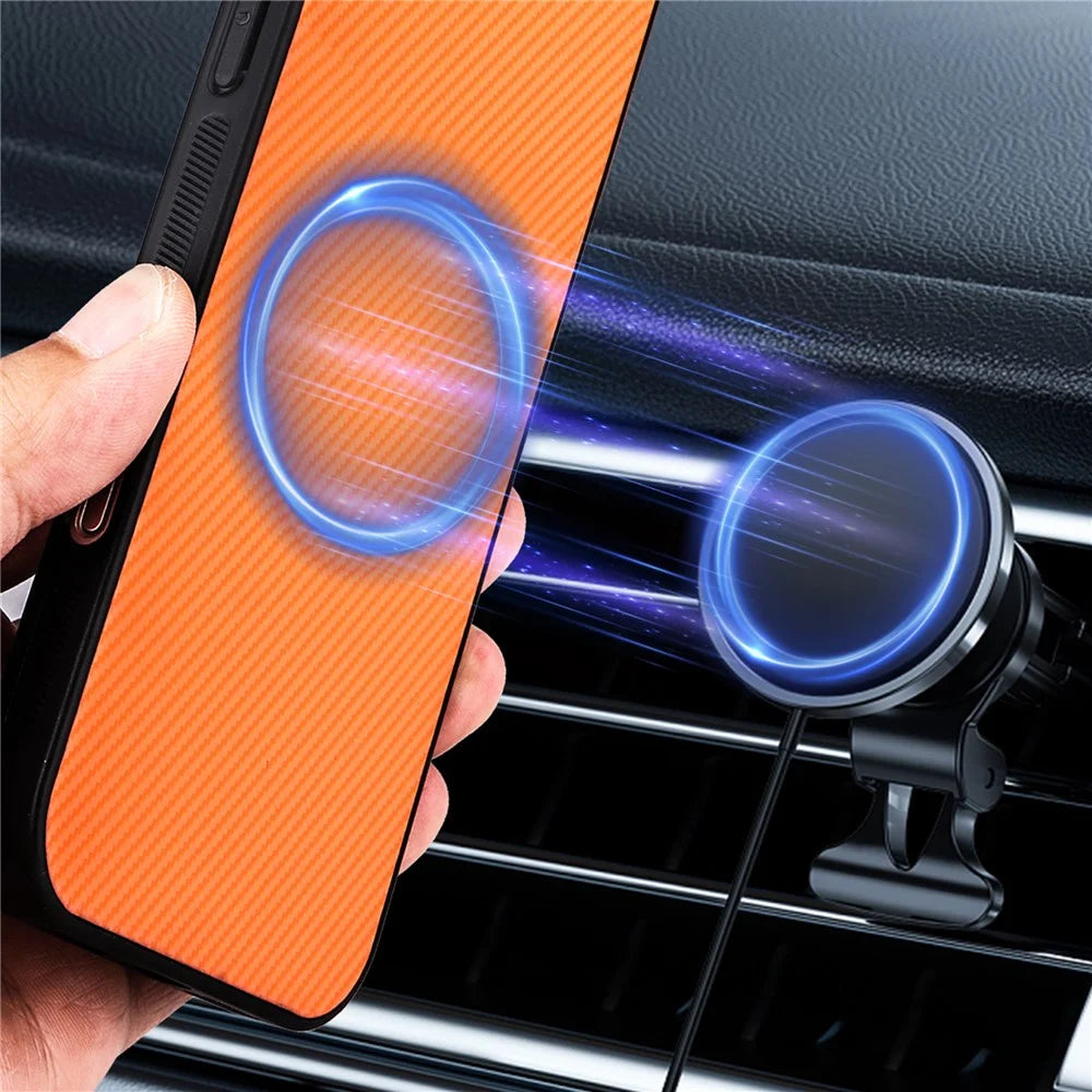 For iPhone Air Case Carbon Fiber Texture Leather Coated TPU PC Phone Cover with Metal Ring for Magnetic Car Mount - Orange - 5
