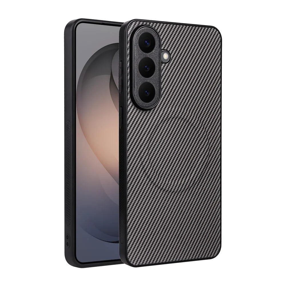 For Samsung Galaxy S25 FE Case Carbon Fiber Texture Leather Coated TPU PC Phone Cover with Metal Ring for Magnetic Car Mount - Grey - 2