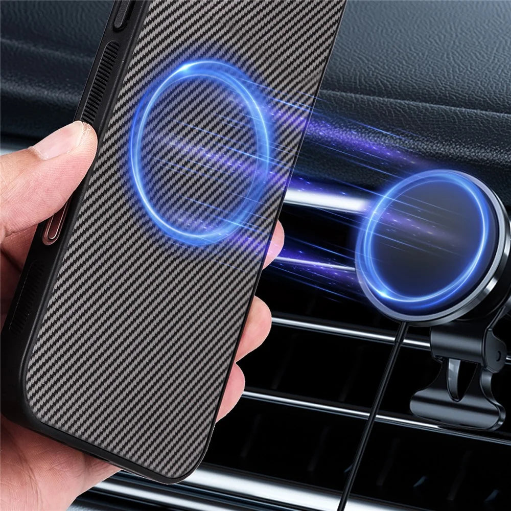 For Samsung Galaxy S25+ Case Carbon Fiber Texture Leather Coated TPU PC Phone Cover with Metal Ring for Magnetic Car Mount - Grey - 5