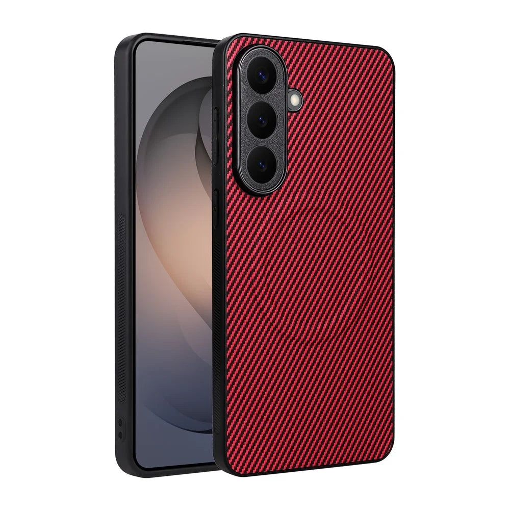 For Samsung Galaxy S26+ Case Carbon Fiber Texture Leather Coated TPU PC Phone Cover with Metal Ring for Magnetic Car Mount - Red - 2