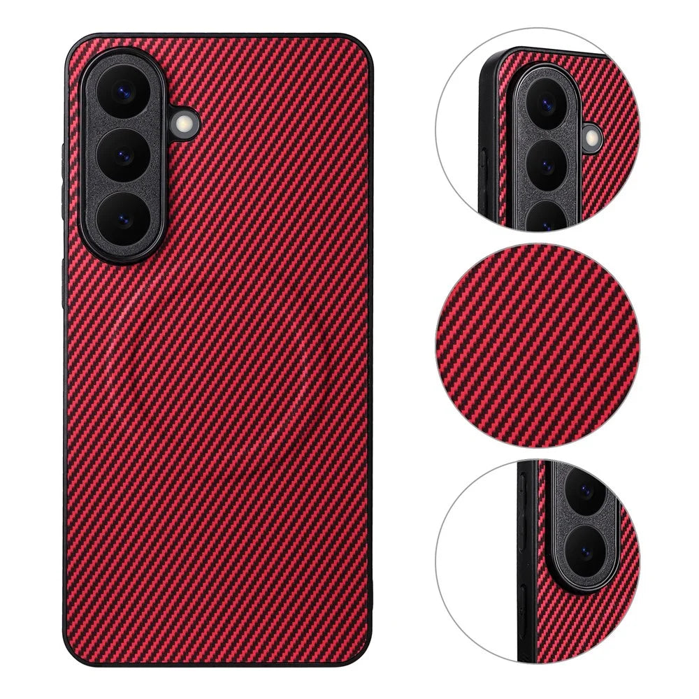 For Samsung Galaxy S26+ Case Carbon Fiber Texture Leather Coated TPU PC Phone Cover with Metal Ring for Magnetic Car Mount - Red - 3