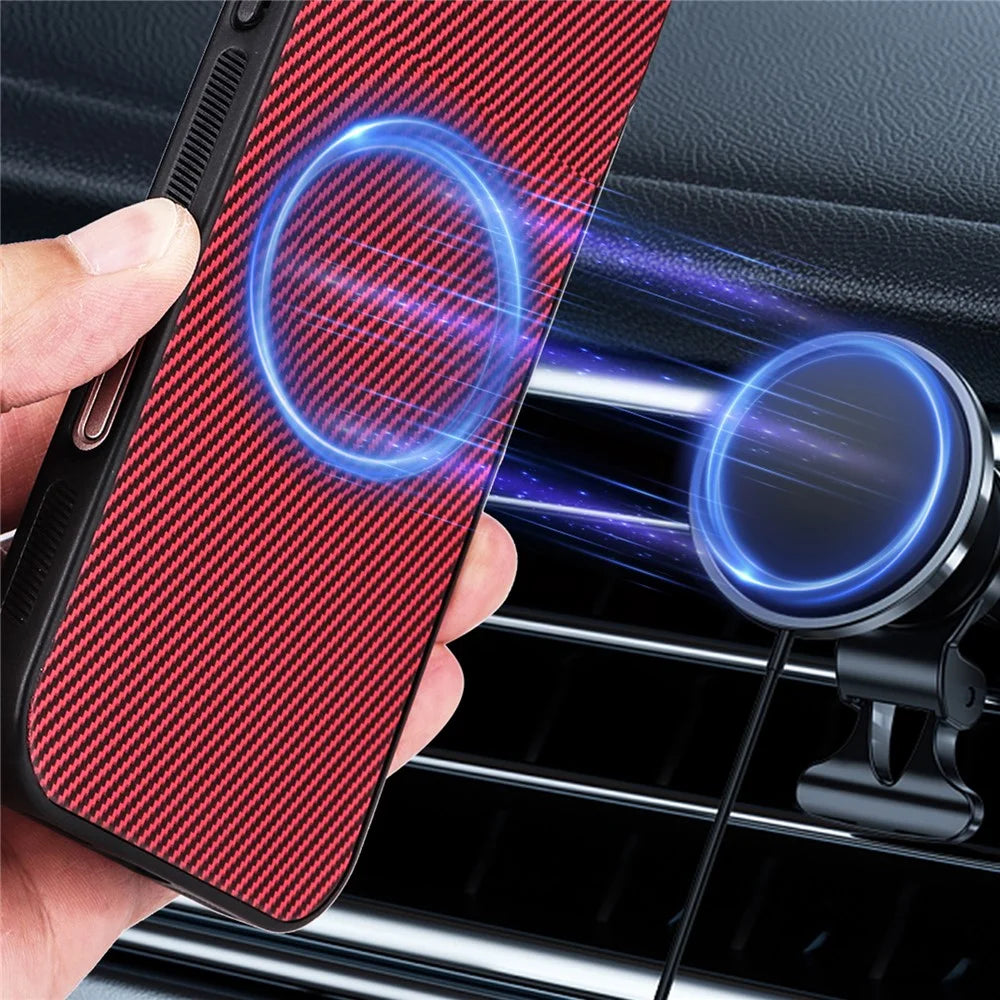 For Samsung Galaxy S26+ Case Carbon Fiber Texture Leather Coated TPU PC Phone Cover with Metal Ring for Magnetic Car Mount - Red - 5
