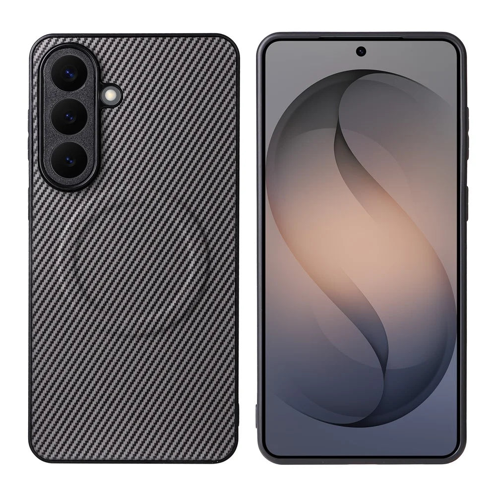 For Samsung Galaxy S26 Case Carbon Fiber Texture Leather Coated TPU PC Phone Cover with Metal Ring for Magnetic Car Mount - Grey - 1