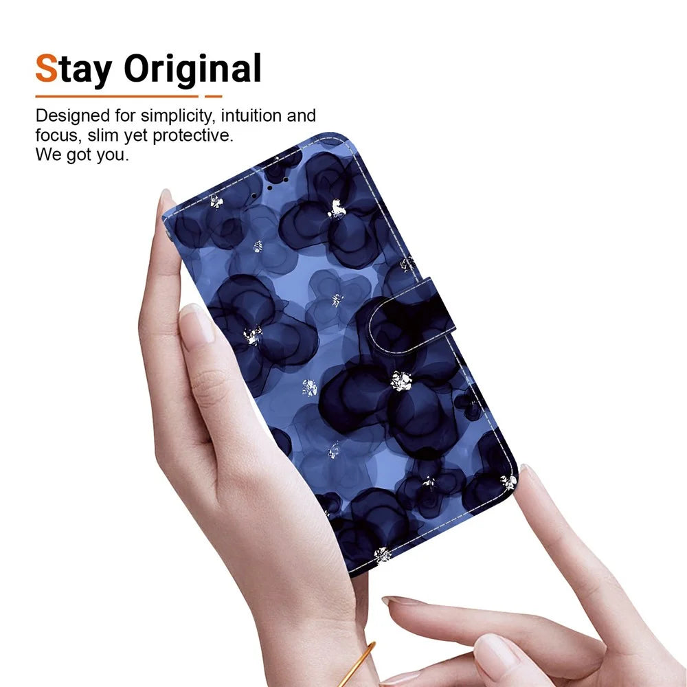 For Samsung Galaxy S26 FE Wallet Case Pattern Printing Leather Stand Phone Cover with Strap - Ink Blue Flower - 5