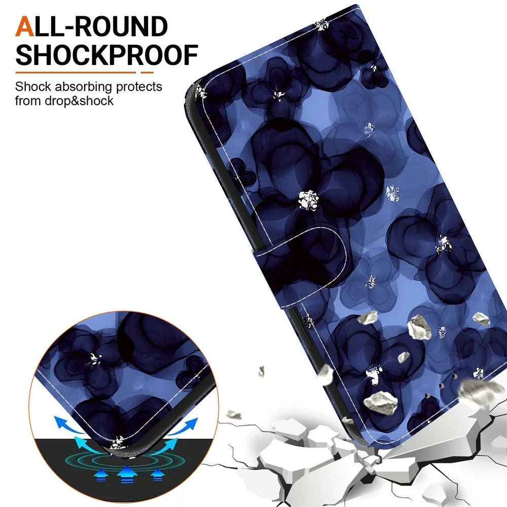 For Samsung Galaxy S26 FE Wallet Case Pattern Printing Leather Stand Phone Cover with Strap - Ink Blue Flower - 6