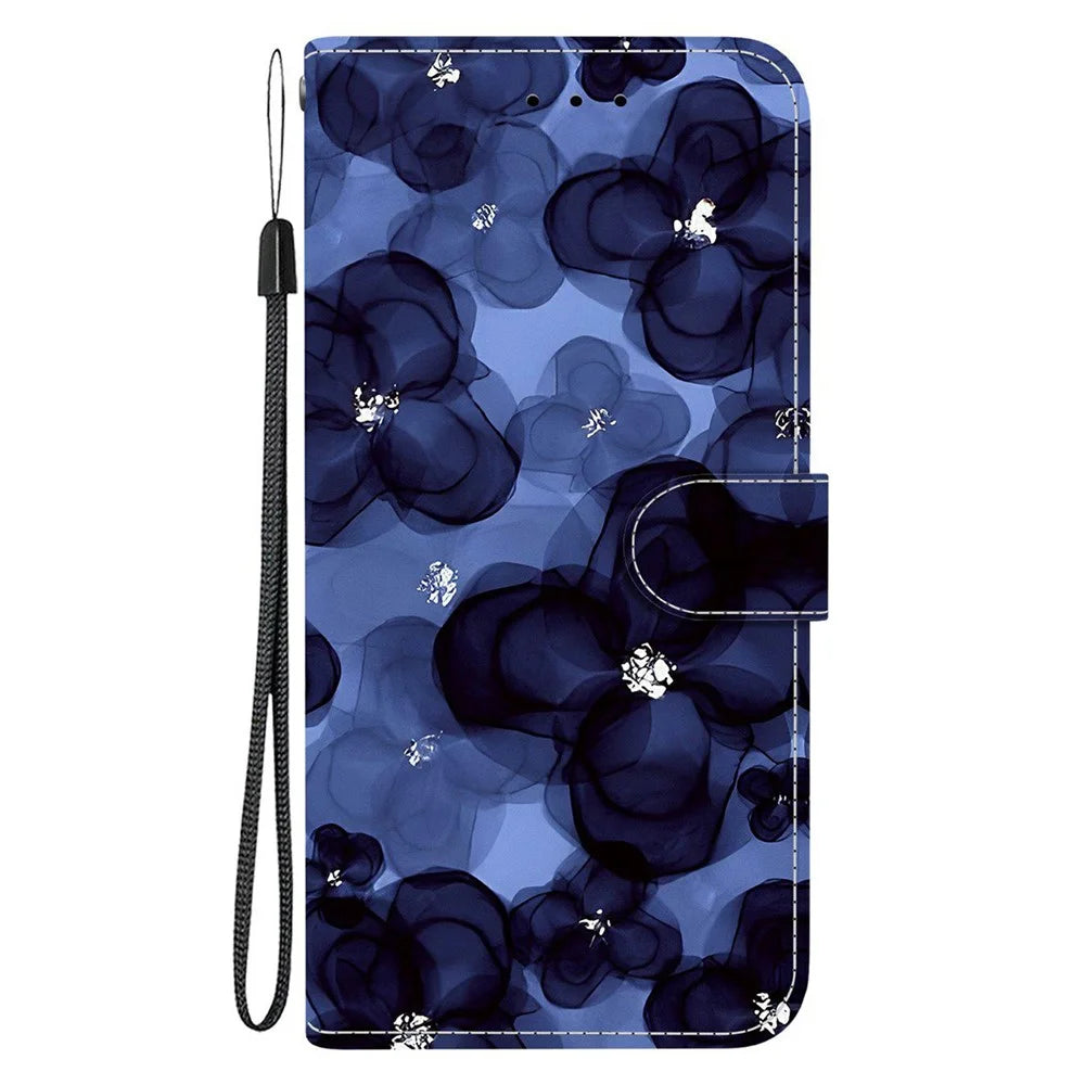 For Samsung Galaxy S26 FE Wallet Case Pattern Printing Leather Stand Phone Cover with Strap - Ink Blue Flower - 7
