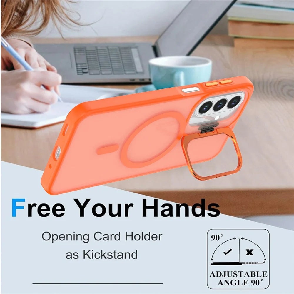 For Samsung Galaxy A27 5G Magnetic Case Foldable Kickstand Matte PC + TPU Phone Cover - Orange - 5