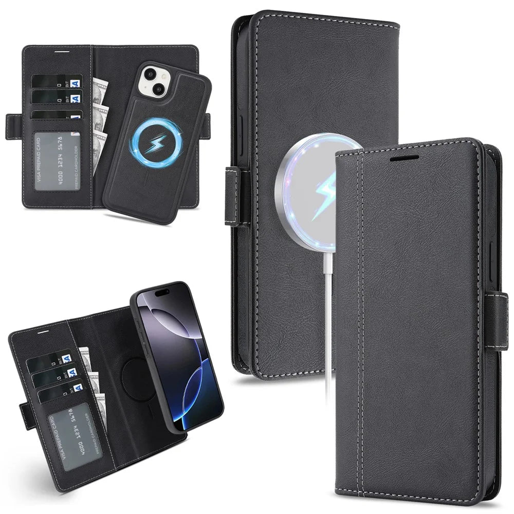 For iPhone 15 Plus Magnetic Case Detachable 2 in 1 Leather Wallet Phone Cover - Black - 1