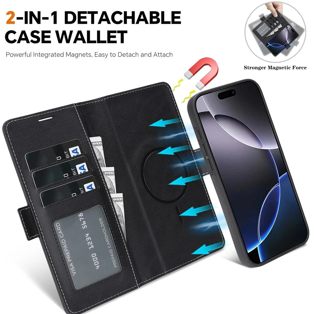 For iPhone 14 Magnetic Case Detachable 2 in 1 Leather Wallet Phone Cover - Black - 4