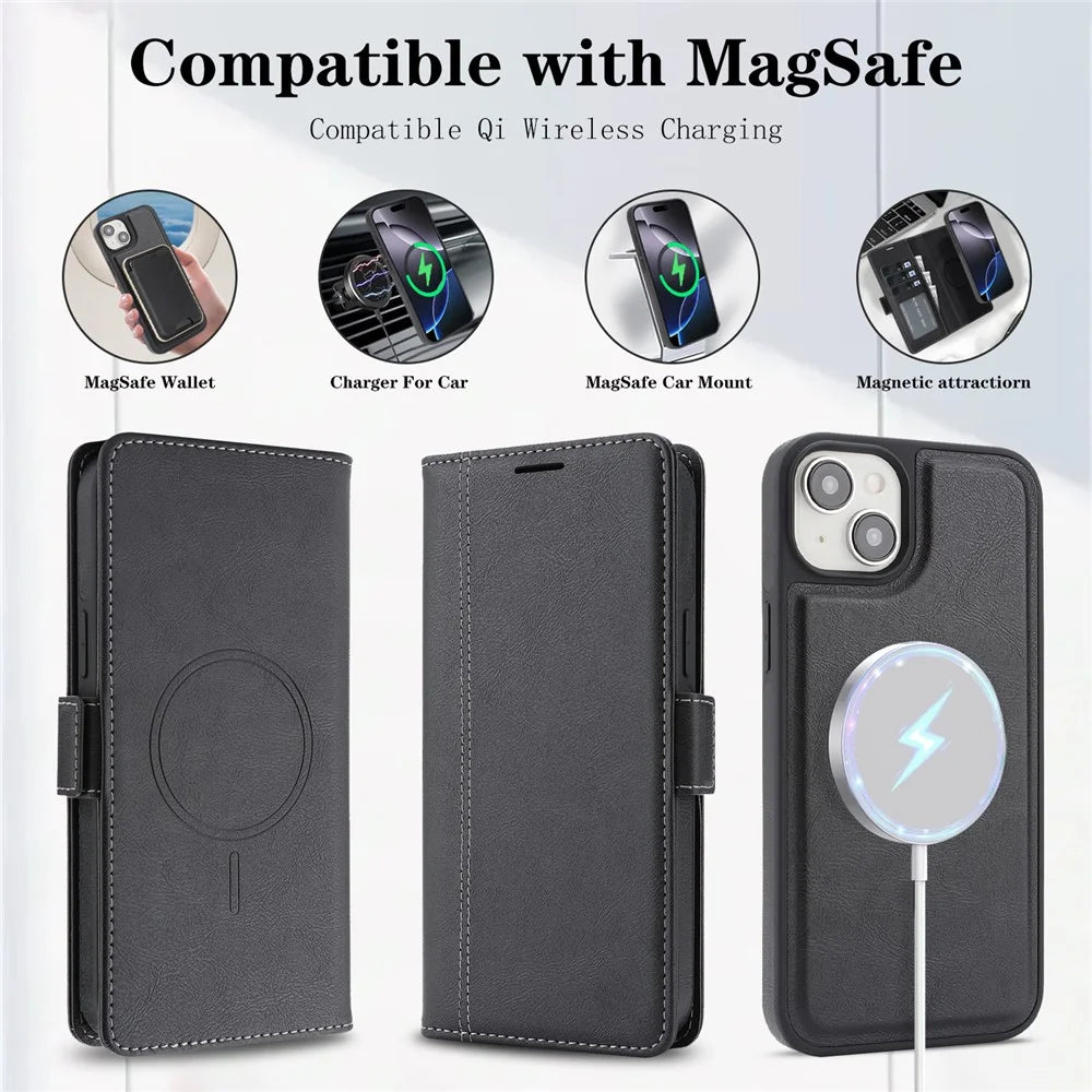 For iPhone 14 Magnetic Case Detachable 2 in 1 Leather Wallet Phone Cover - Black - 5
