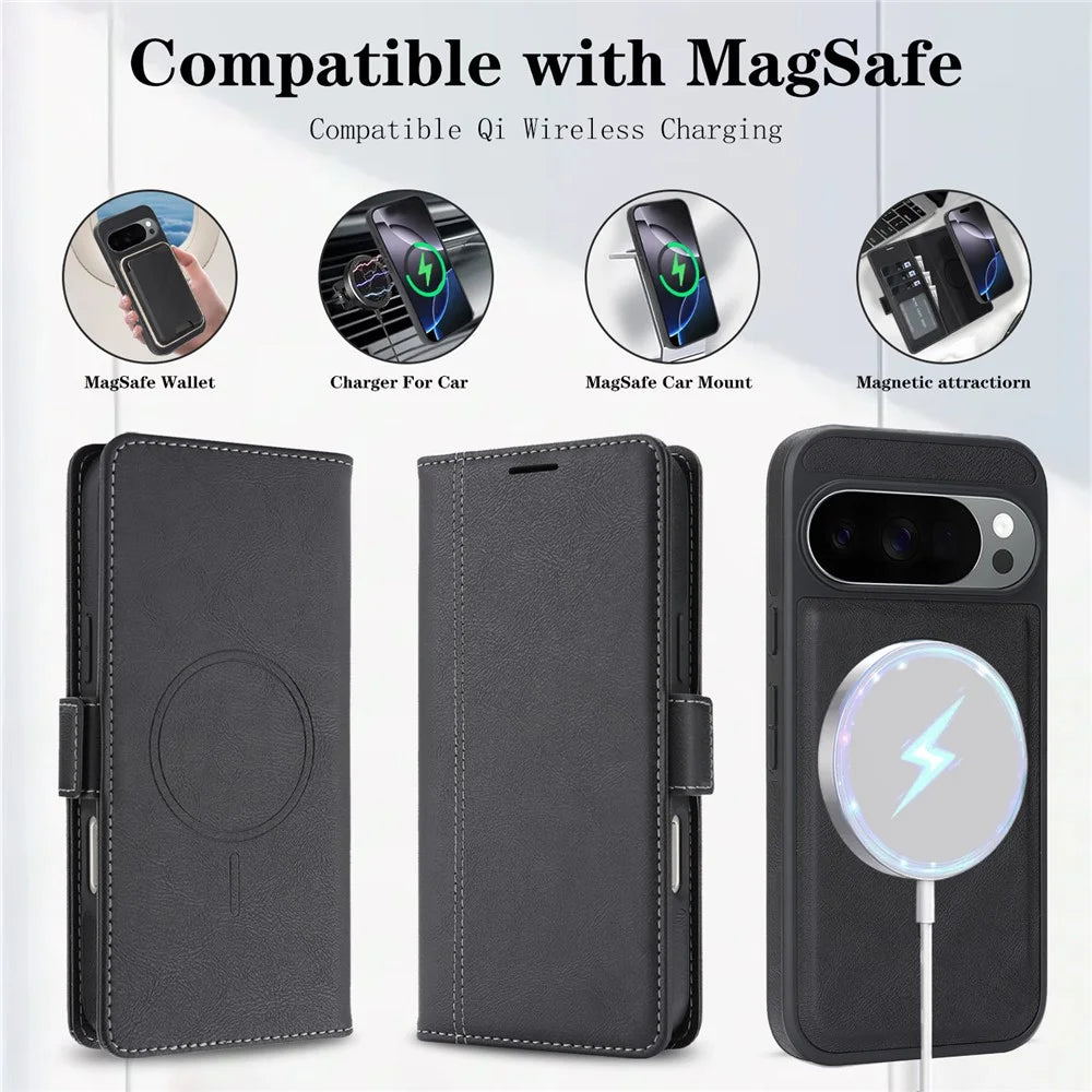 Magnetic Case For Google Pixel 10 / Pixel 10 Pro / Pixel 9 / Pixel 9 Pro Detachable 2 in 1 Leather Wallet Phone Cover - Black - 5