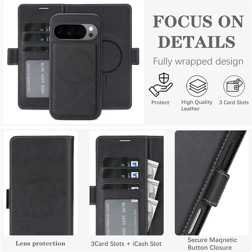 Magnetic Case For Google Pixel 10 / Pixel 10 Pro / Pixel 9 / Pixel 9 Pro Detachable 2 in 1 Leather Wallet Phone Cover - Black - 6