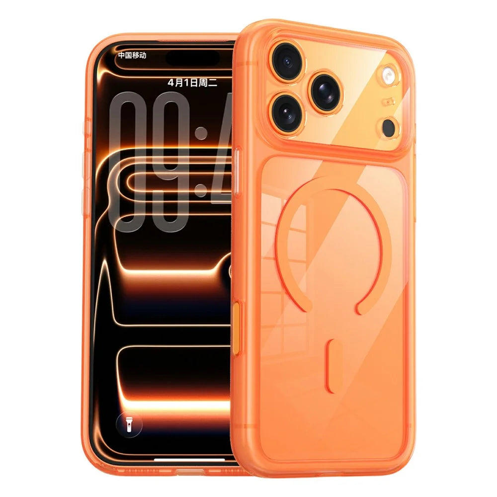 For iPhone 17 Pro Max Magnetic Case Clear Shockproof Anti-Scratch PC TPU Phone Cover - Orange - 1