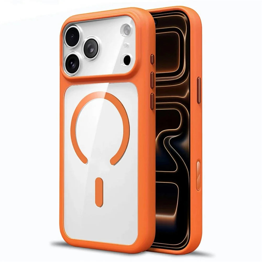 For iPhone 17 Pro Max Magnetic Case Crystal Clear Acrylic + TPU Scratch-Resistant Back Cover - Orange - 1