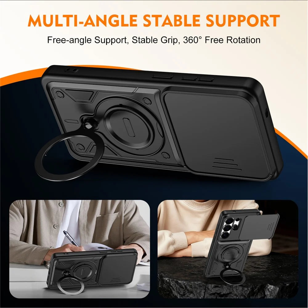For Samsung Galaxy S26 Ultra Case with Slide Lens Cover Rotatable Kickstand Shockproof TPU + PC Phone Shell - Black - 3