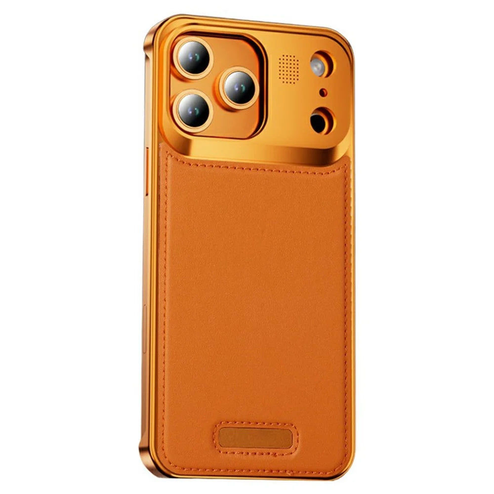 For iPhone 17 Pro Magnetic Case PU Leather + Metal Borderless Phone Cover with Aromatherapy Tablet - Orange - 1