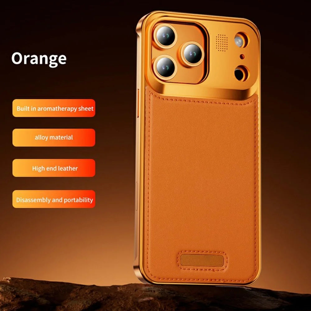 For iPhone 17 Pro Magnetic Case PU Leather + Metal Borderless Phone Cover with Aromatherapy Tablet - Orange - 2