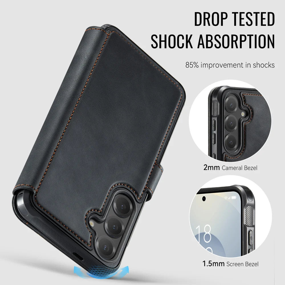 AUTSPACE for Samsung Galaxy S25 / Galaxy S24 A15 Case RFID Blocking Wallet Leather Magnetic Phone Cover - Black - 3