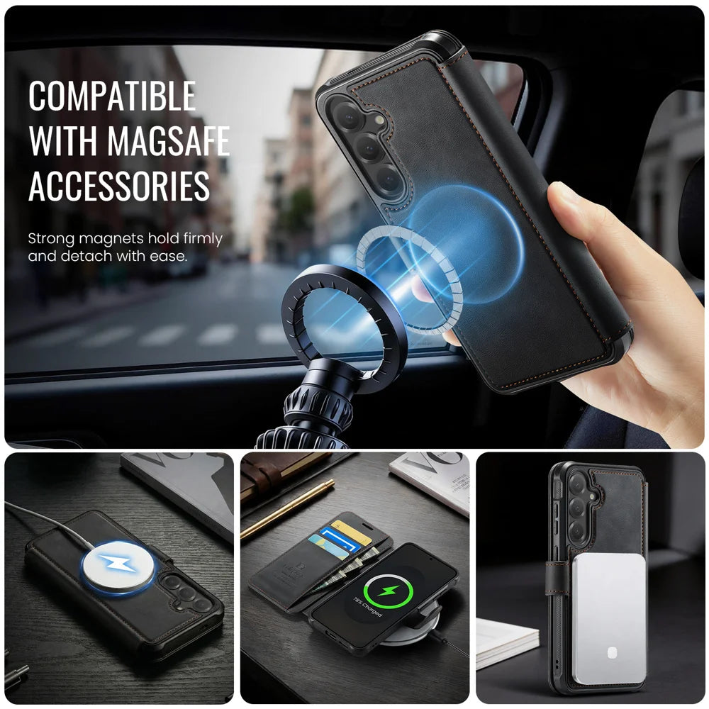 AUTSPACE for Samsung Galaxy S25 / Galaxy S24 A15 Case RFID Blocking Wallet Leather Magnetic Phone Cover - Black - 6
