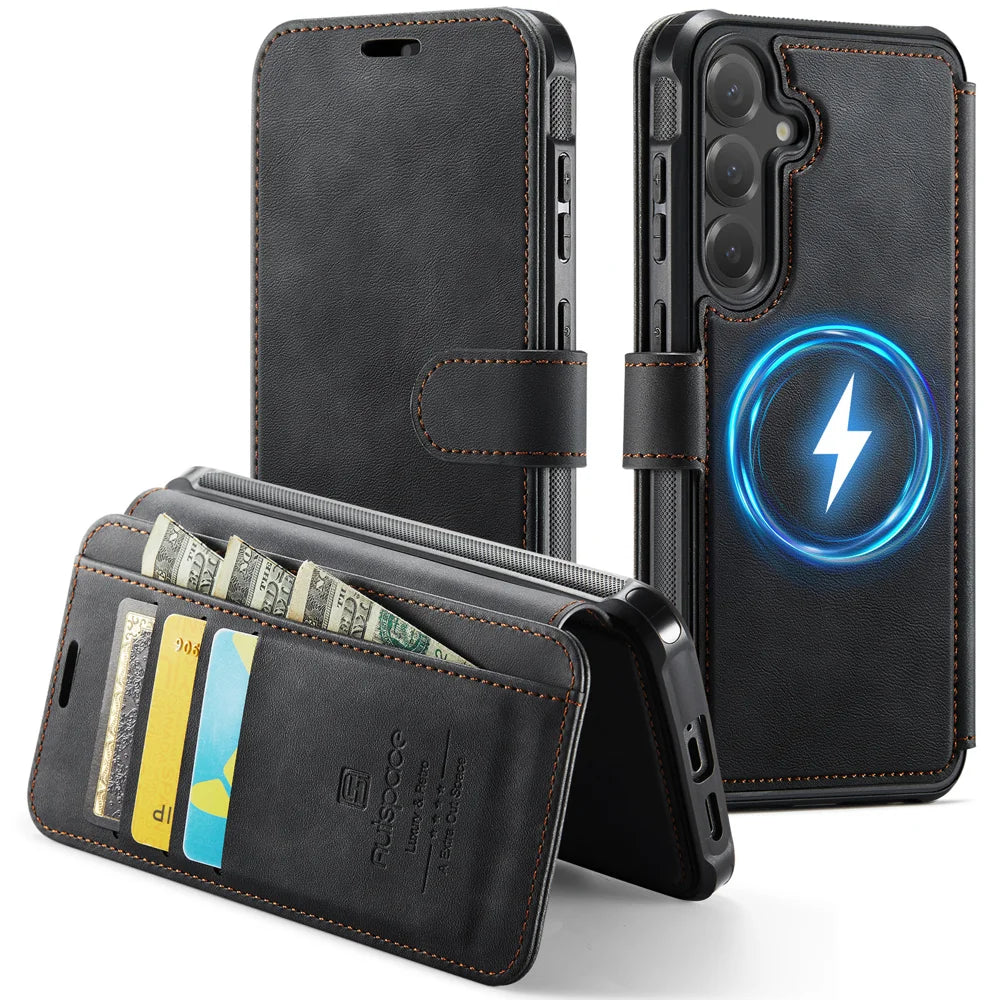 AUTSPACE for Samsung Galaxy S25 FE A15 Case RFID Blocking Wallet Leather Magnetic Phone Cover - Black - 1