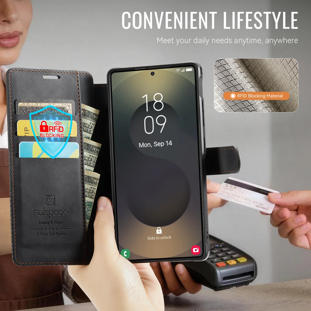 AUTSPACE for Samsung Galaxy S26 Ultra A15 Case RFID Blocking Wallet Leather Magnetic Phone Cover - Black - 7