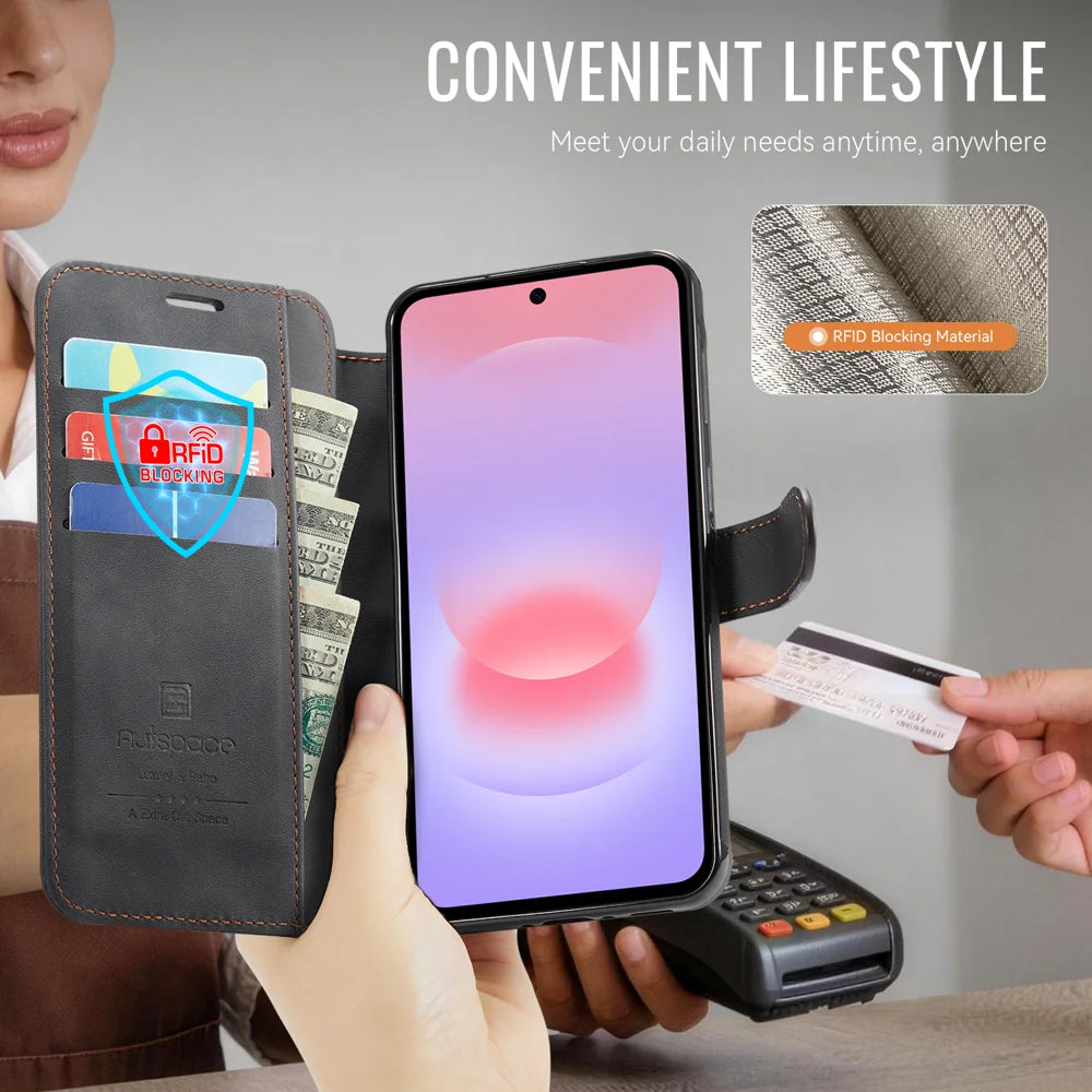 AUTSPACE for Samsung Galaxy A36 5G A15 Case RFID Blocking Wallet Leather Magnetic Phone Cover - Black - 7