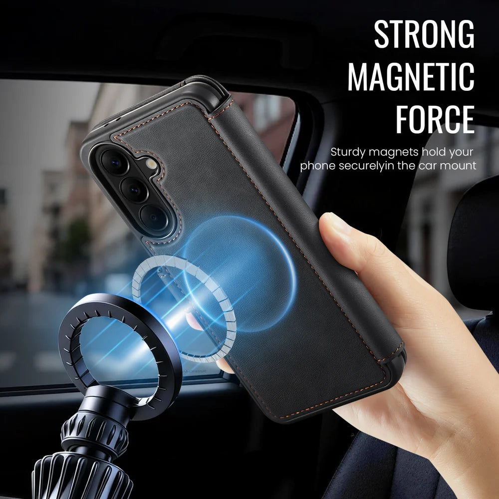 AUTSPACE for Samsung Galaxy A37 5G A15 Case RFID Blocking Wallet Leather Magnetic Phone Cover - Black - 6