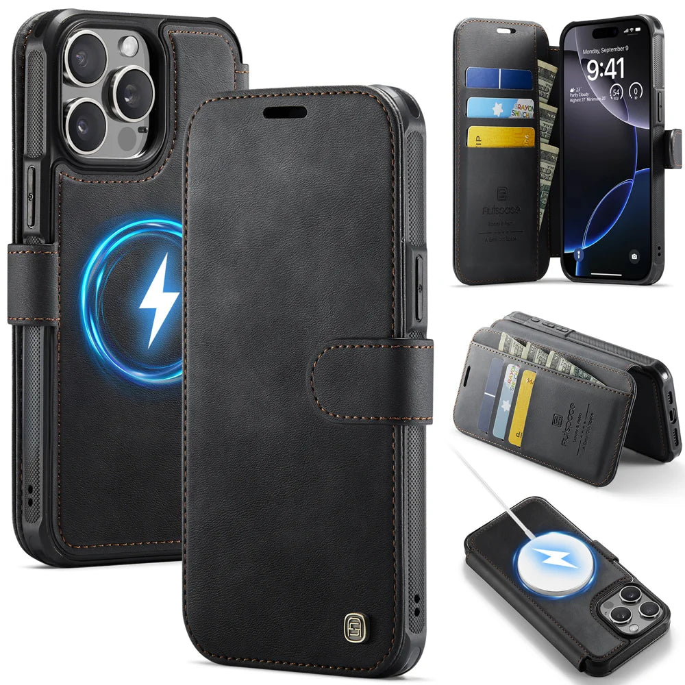 AUTSPACE for iPhone 15 Pro Max A15 Case RFID Blocking Wallet Leather Magnetic Phone Cover - Black - 1
