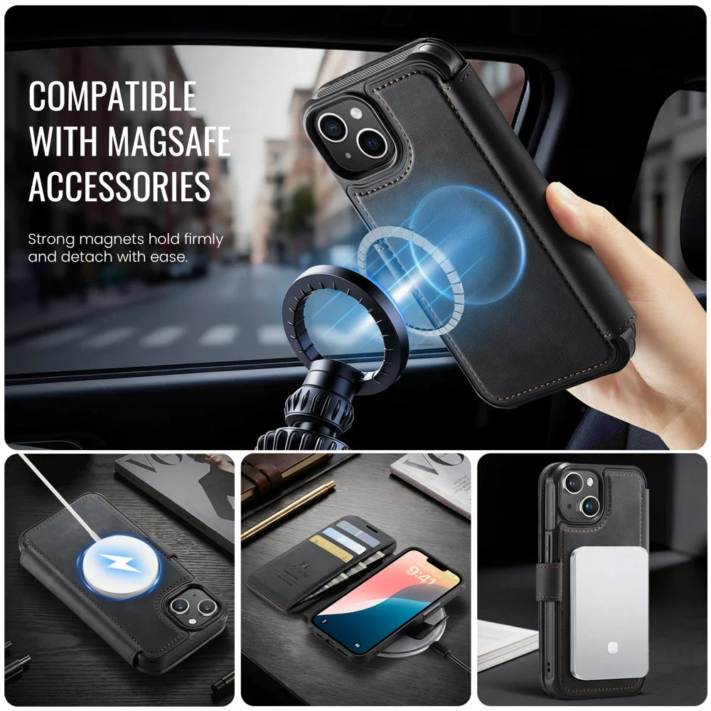 AUTSPACE for iPhone 15 A15 Case RFID Blocking Wallet Leather Magnetic Phone Cover - Black - 6