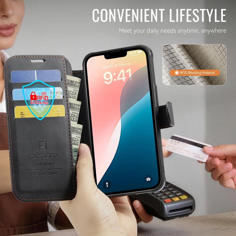 AUTSPACE for iPhone 15 A15 Case RFID Blocking Wallet Leather Magnetic Phone Cover - Black - 7