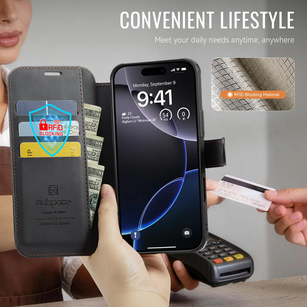 AUTSPACE for iPhone 16 Pro Max A15 Case RFID Blocking Wallet Leather Magnetic Phone Cover - Black - 7