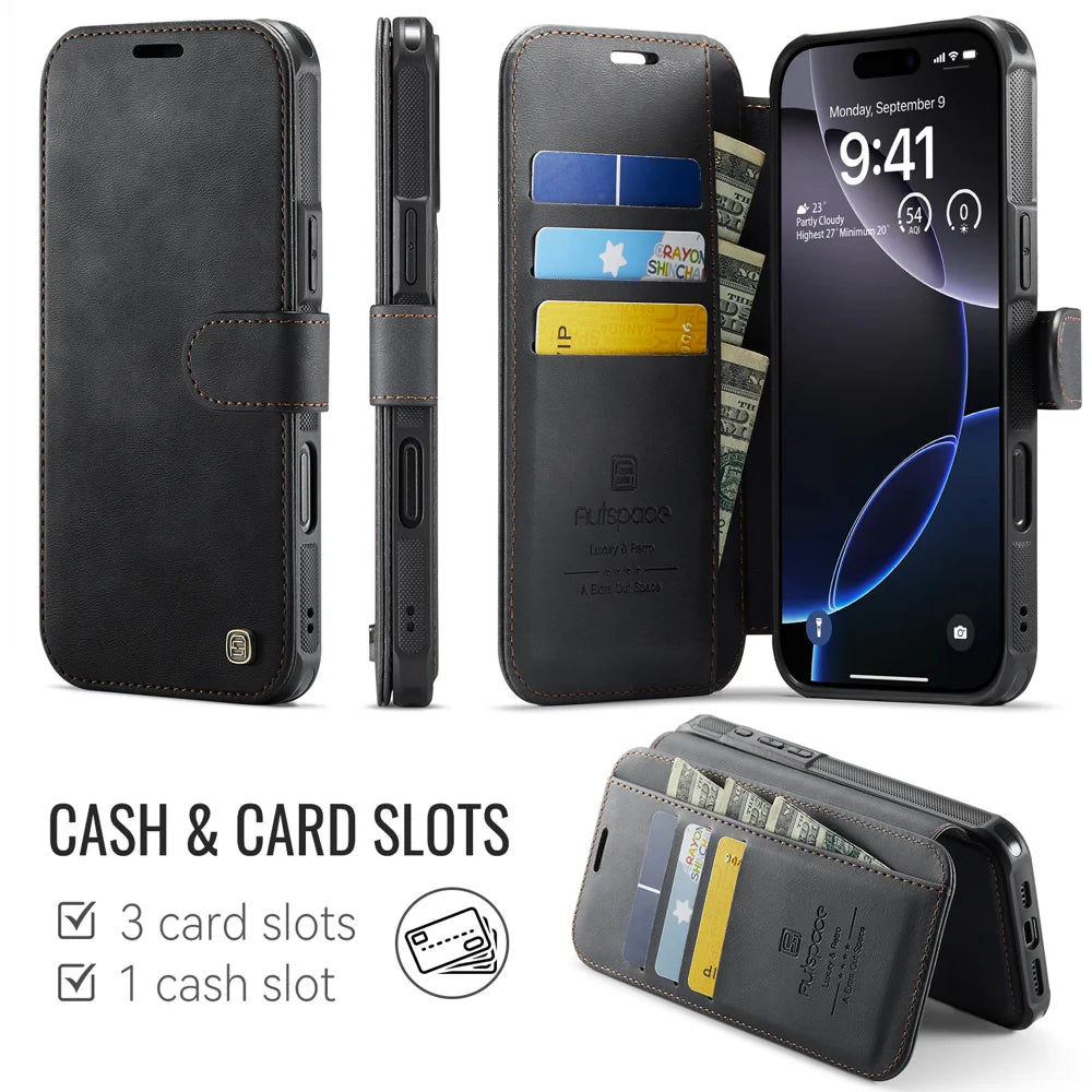 AUTSPACE for iPhone 16 Pro A15 Case RFID Blocking Wallet Leather Magnetic Phone Cover - Black - 2