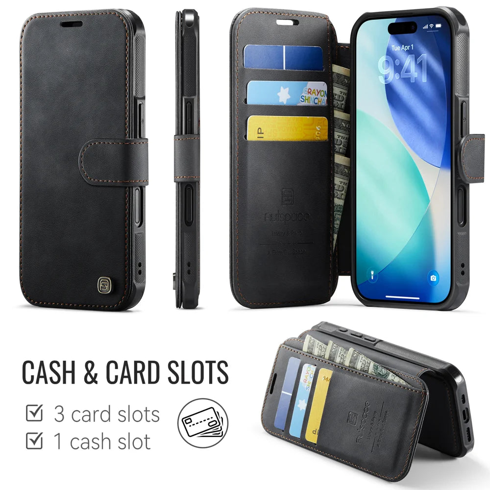 AUTSPACE for iPhone 16 A15 Case RFID Blocking Wallet Leather Magnetic Phone Cover - Black - 2