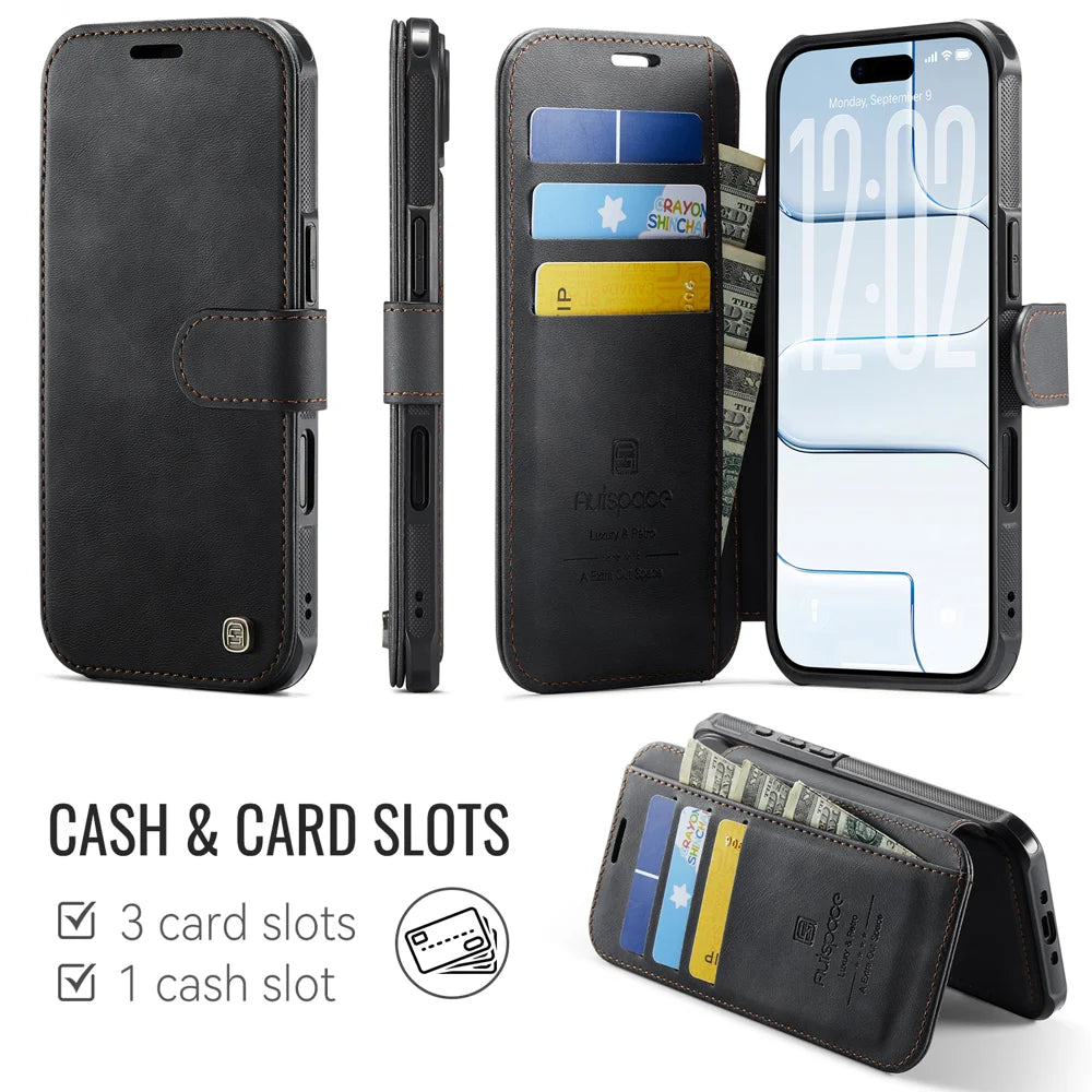 AUTSPACE for iPhone Air A15 Case RFID Blocking Wallet Leather Magnetic Phone Cover - Black - 2