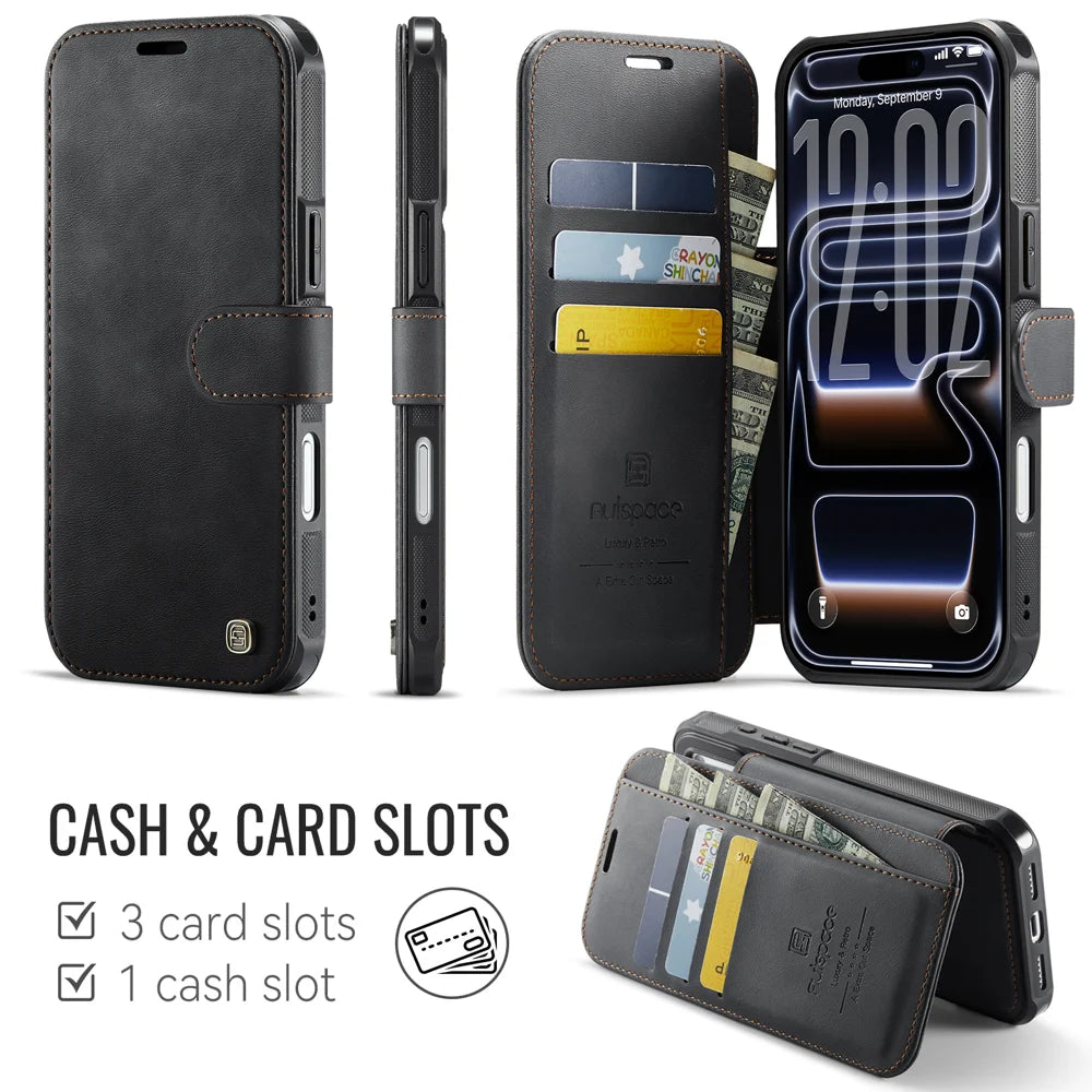AUTSPACE for iPhone 17 Pro A15 Case RFID Blocking Wallet Leather Magnetic Phone Cover - Black - 2