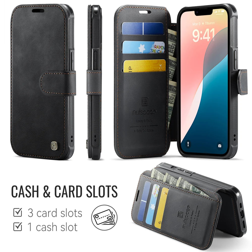 AUTSPACE for iPhone 13 A15 Case RFID Blocking Wallet Leather Magnetic Phone Cover - Black - 2