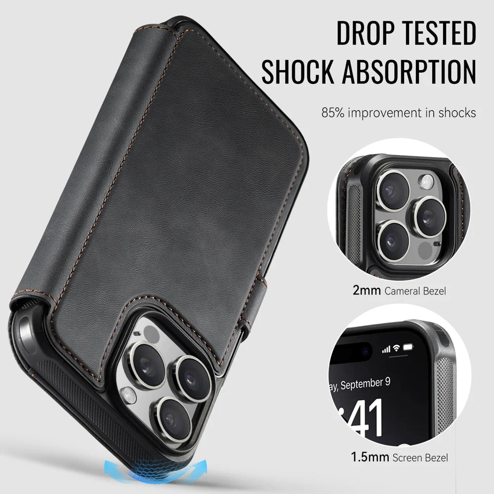 AUTSPACE for iPhone 13 Pro A15 Case RFID Blocking Wallet Leather Magnetic Phone Cover - Black - 3