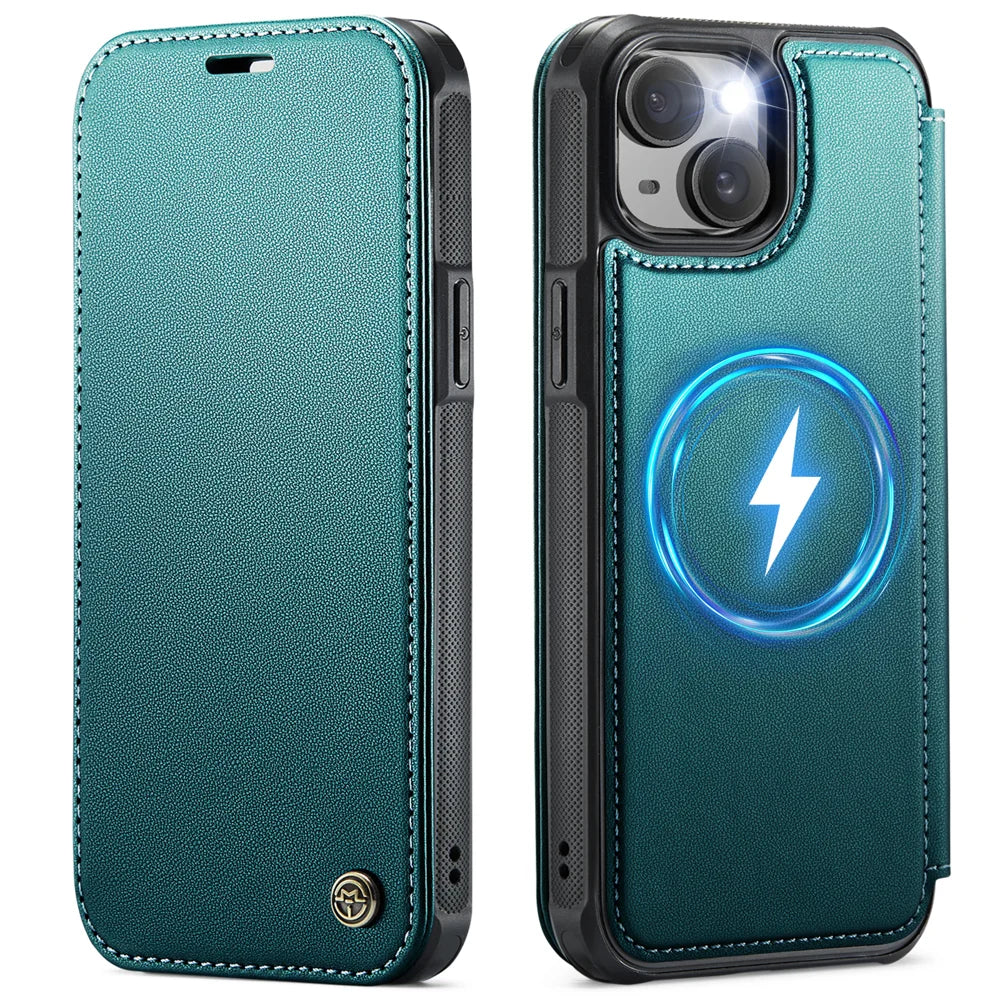 CASEME for iPhone 14 Case  053  Magnetic RFID Blocking Wallet Flip Leather Phone Cover - Blue Green - 1