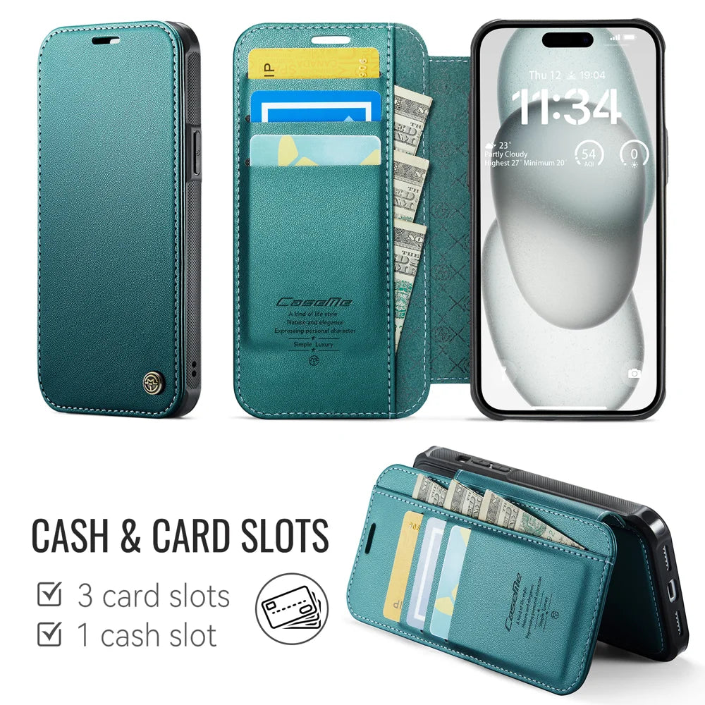 CASEME for iPhone 12 Pro / iPhone 12 Case  053  Magnetic RFID Blocking Wallet Flip Leather Phone Cover - Blue Green - 2
