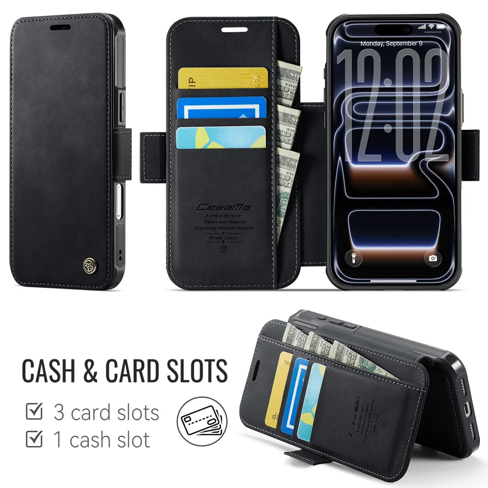 CASEME for iPhone 18 Pro / 17 Pro Case  053  Magnetic RFID Blocking Wallet Flip Leather Phone Cover - Black - 2