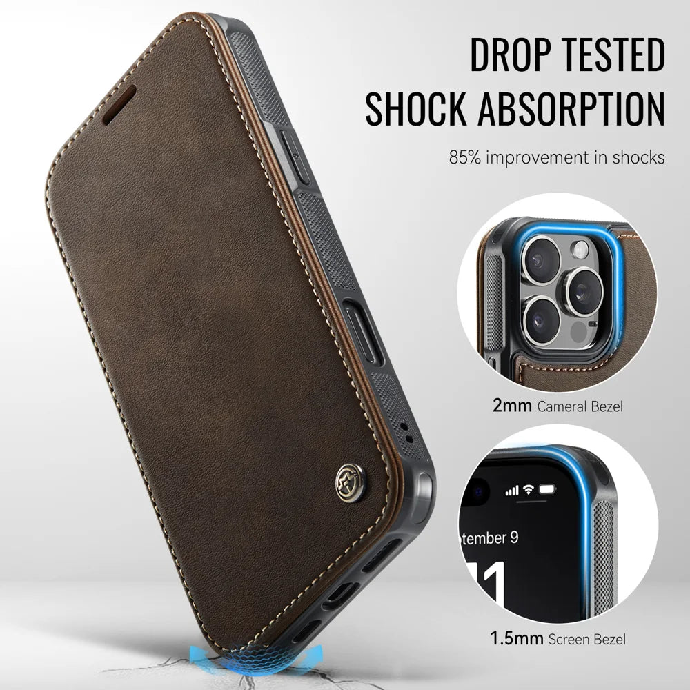 CASEME for iPhone 14 Pro Case  053  Magnetic RFID Blocking Wallet Flip Leather Phone Cover - Coffee - 7