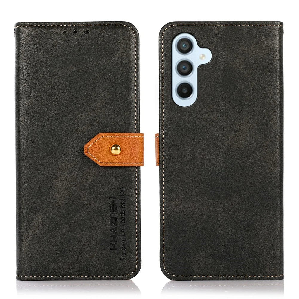 KHAZNEH For Samsung Galaxy S26 FE Wallet Case Gold Magnetic Clasp Cowhide Texture Leather Flip Stand Phone Cover - Black - 1