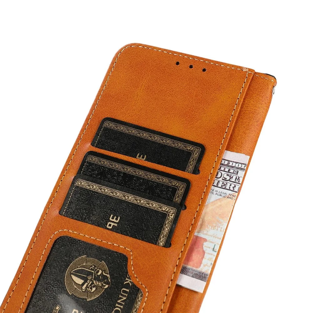 KHAZNEH For Samsung Galaxy S26 FE Wallet Case Gold Magnetic Clasp Cowhide Texture Leather Flip Stand Phone Cover - Black - 4
