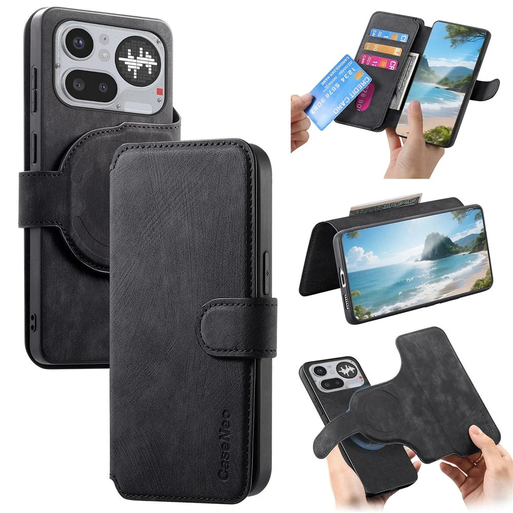 CASENEO MW-03 For Nothing Phone (4a) Pro Magnetic Case Detachable Leather Phone Wallet Cover - Black - 1