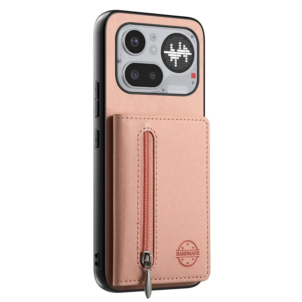 For Nothing Phone (4a) Pro Case Zipper Card Holder Kickstand Jeans Cloth Texture Leather Back Cover - Pink - 3