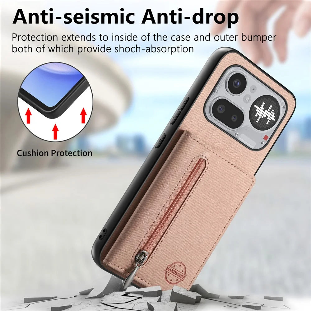 For Nothing Phone (4a) Pro Case Zipper Card Holder Kickstand Jeans Cloth Texture Leather Back Cover - Pink - 5