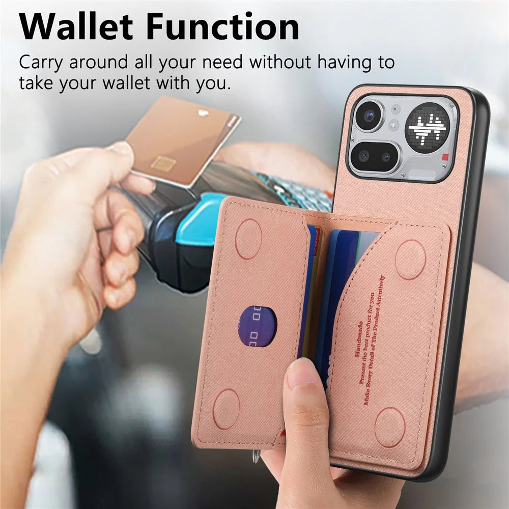 For Nothing Phone (4a) Pro Case Zipper Card Holder Kickstand Jeans Cloth Texture Leather Back Cover - Pink - 6