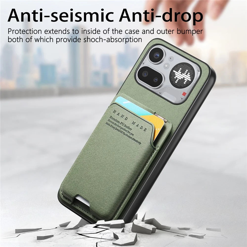 For Nothing Phone (4a) Pro Case Cloth Texture Leather + PC + TPU Phone Cover with Card Holder Kickstand - Green - 7