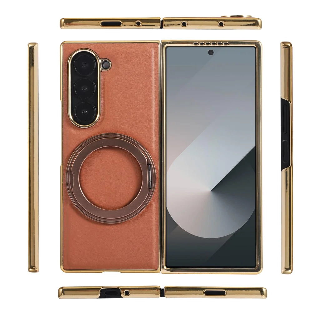 For Samsung Galaxy Z Fold8 Ultra Magnetic Case with Rotating Kickstand Nappa Texture PU TPU PC Phone Back Cover - Brown - 2